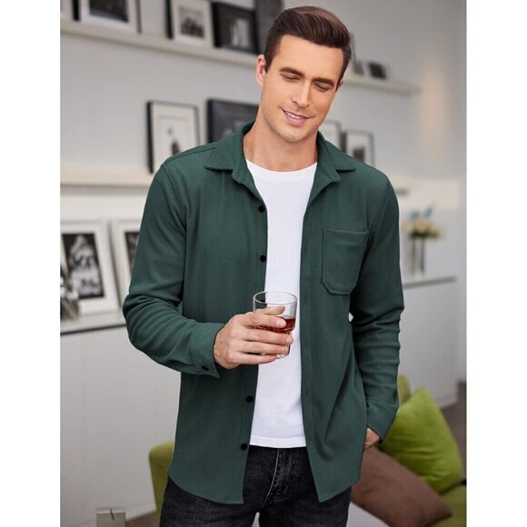 ❤️ Men's Corduroy Shirt Shacket Long Sleeve Button Down Lightweight Jacket Green - Picture 3 of 5